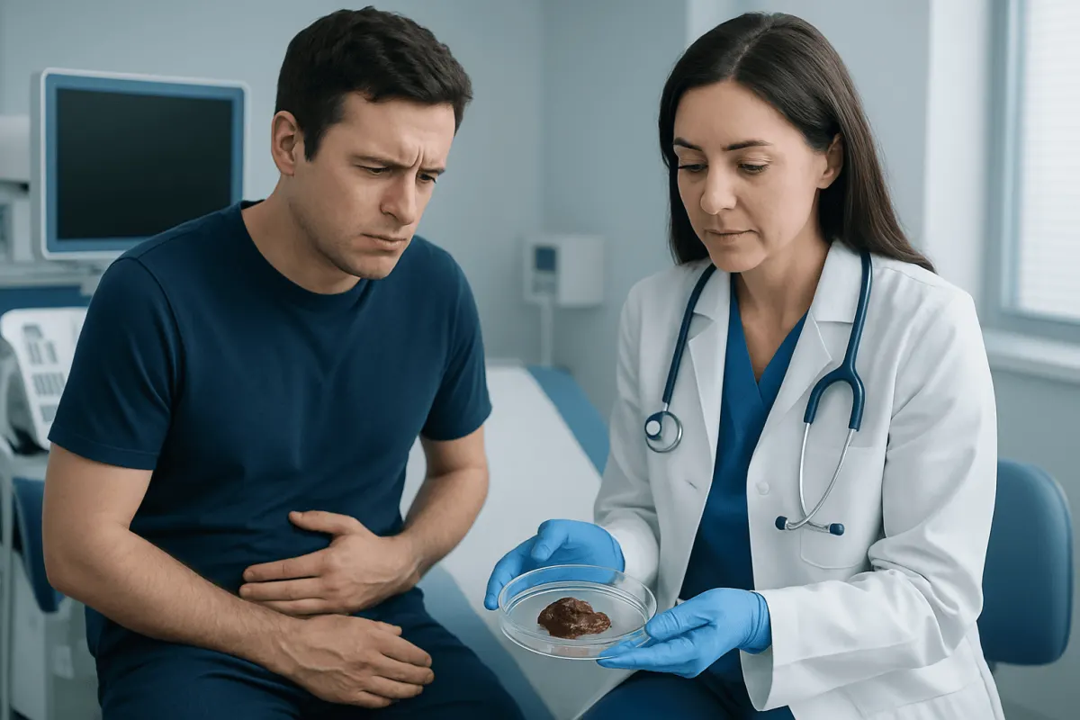 What the symptoms may look like — slimy bloody poop