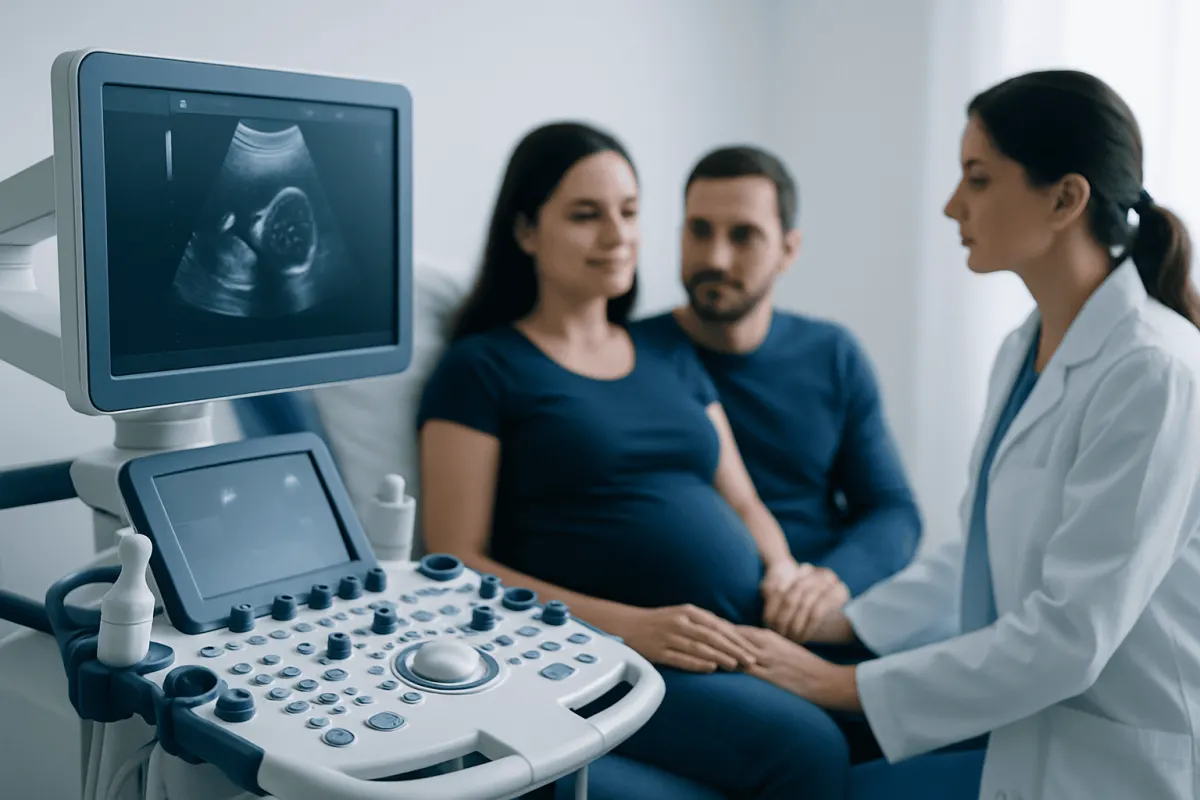 Doctor explaining ultrasound results to a pregnant woman and her partner.