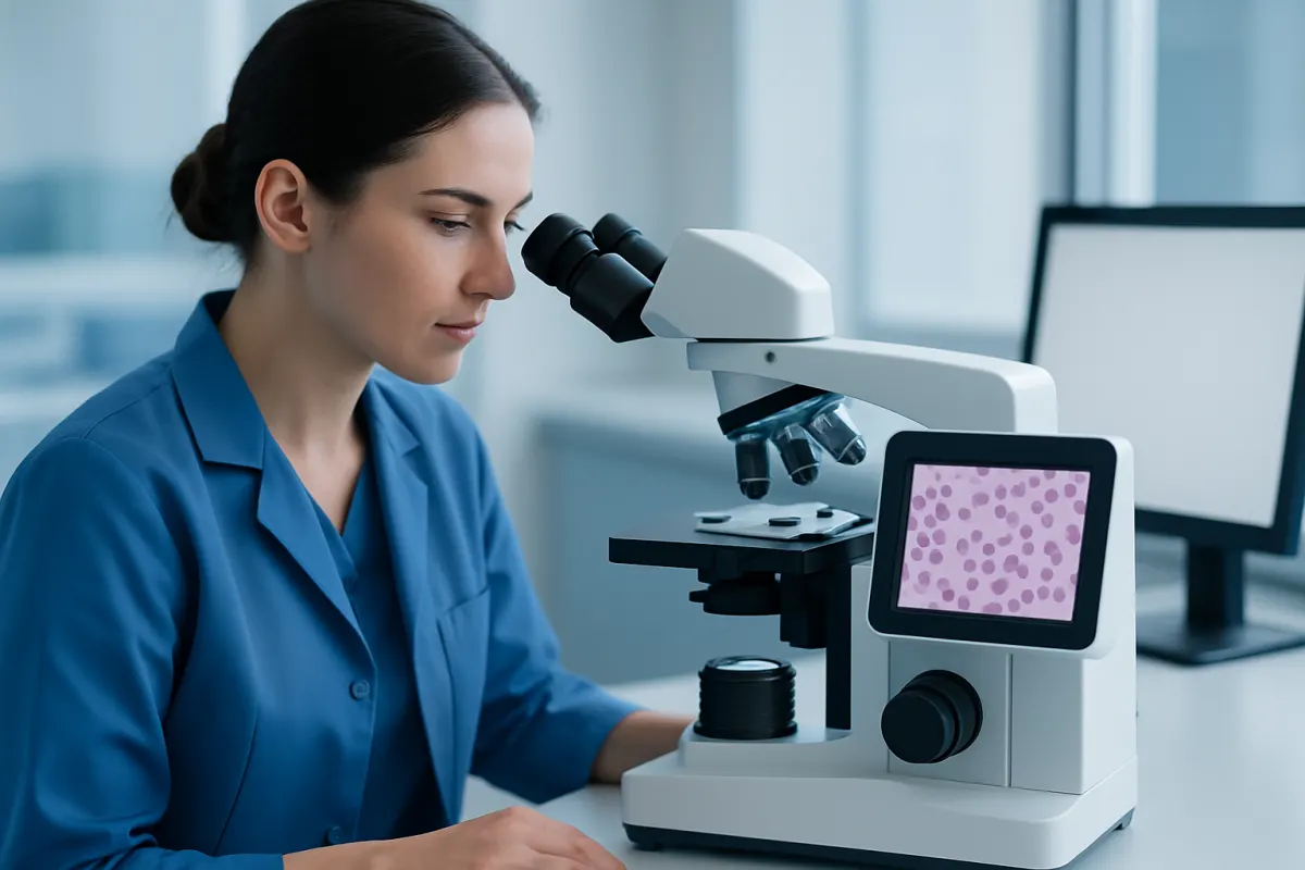 Laboratory technician examining blood sample under a microscope.