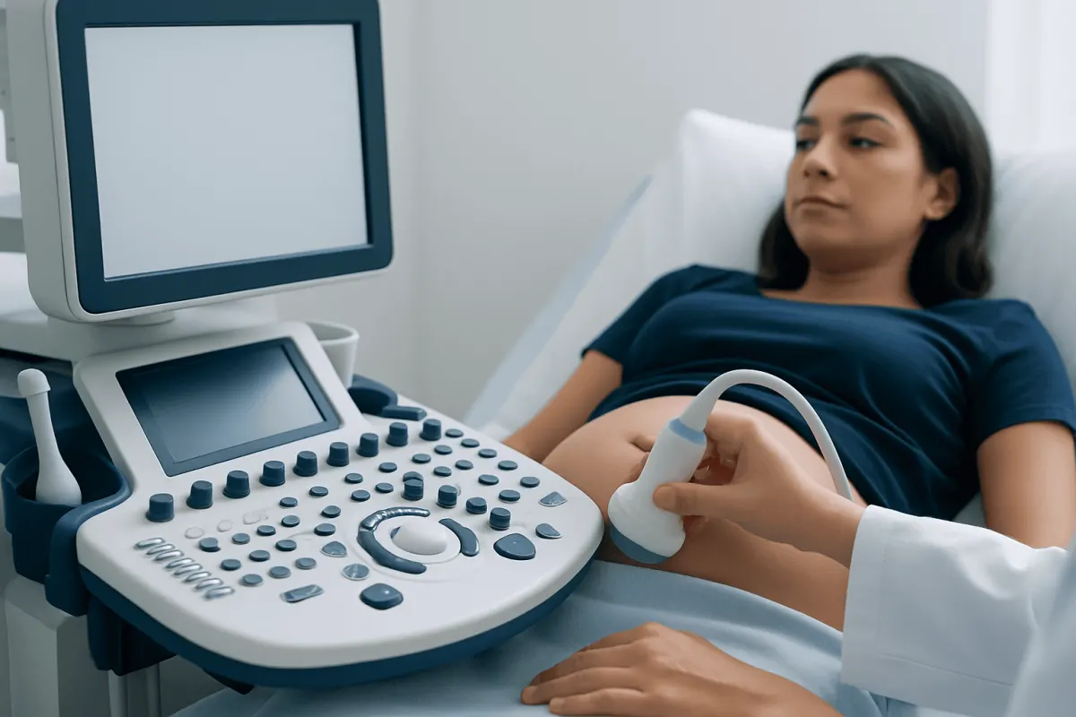 Pregnant woman undergoing ultrasound examination at hospital.