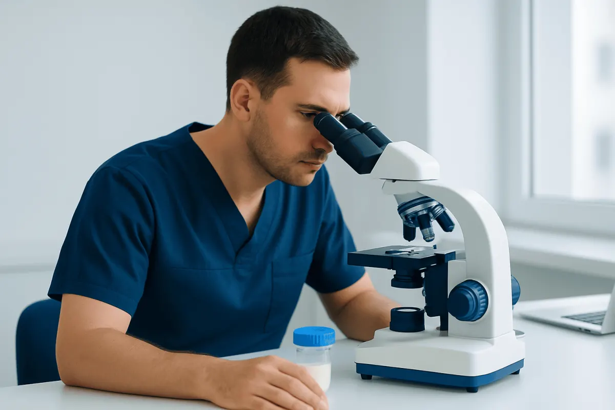 Male scientist examining samples with a microscope in a laboratory setting.
