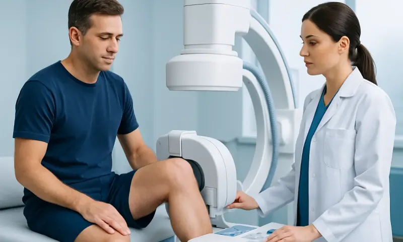 Patient undergoing knee imaging at Acibadem Hospital.