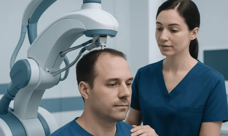 Medical professional examining patient's scalp with advanced equipment.
