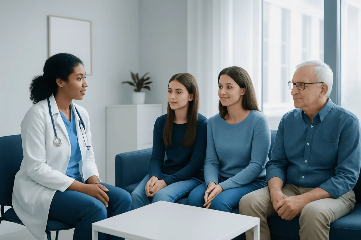 Doctor consulting with two young women and an older man in a medical office.