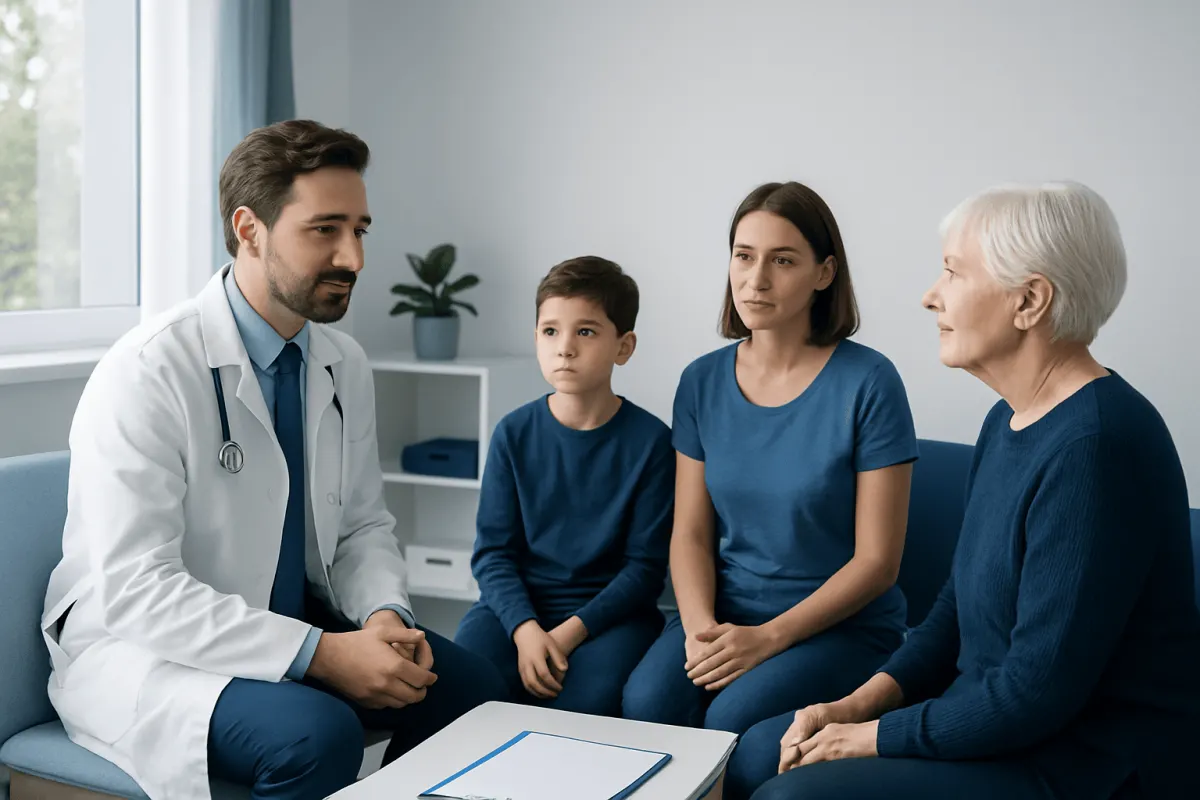 Doctor consulting with family about blood pressure health in clinic.