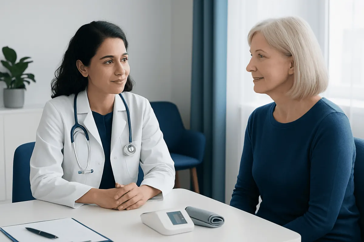 Doctor consulting with an elderly woman in a medical office.