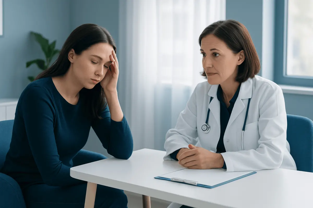 Doctor consulting with a young woman about health concerns in a medical office.