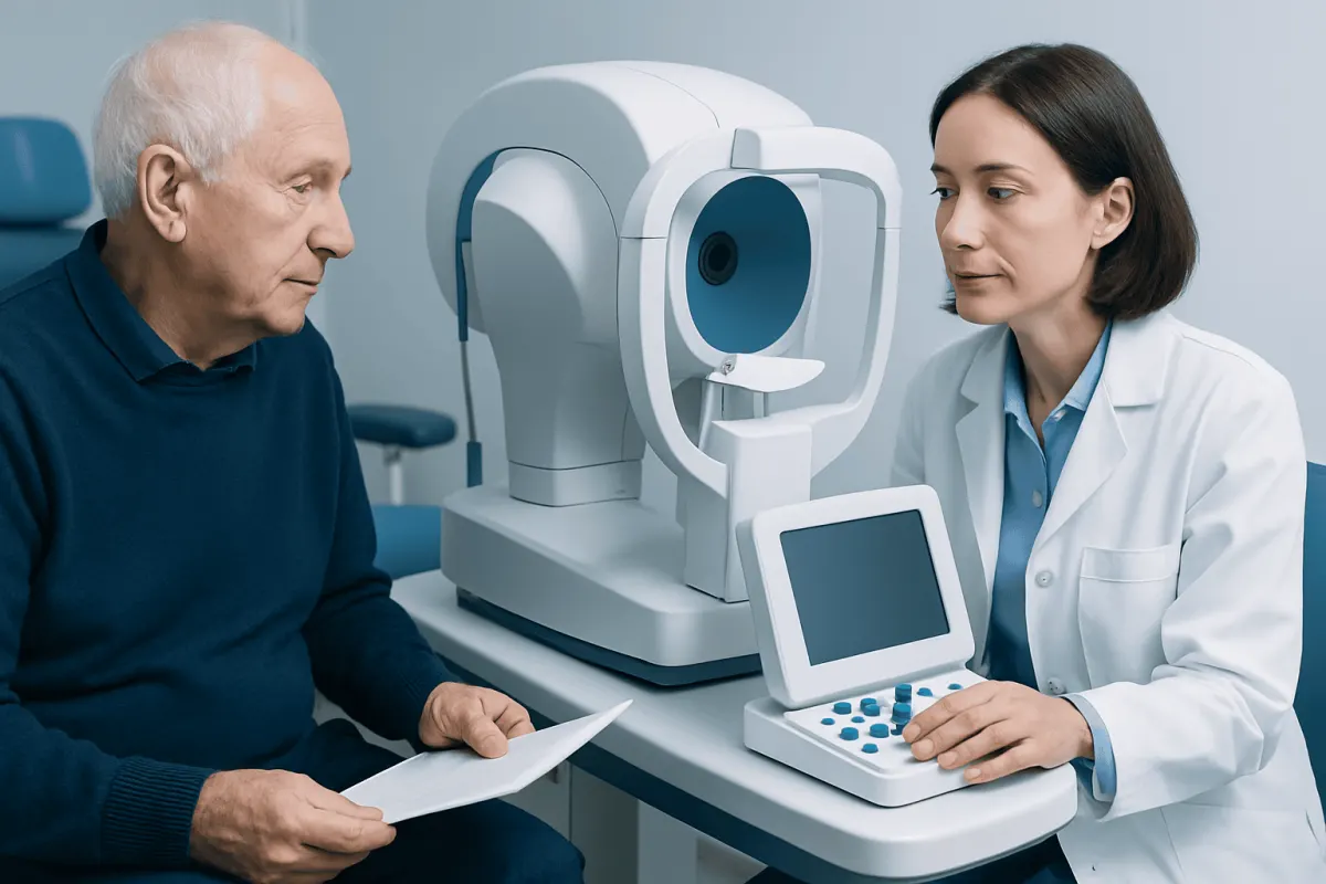 Geriatric patient undergoing eye examination at Acibadem Hospital.