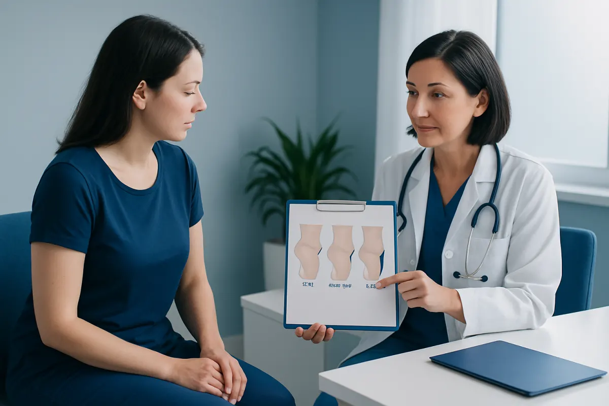 Doctor explaining body contour options to patient in consultation room.