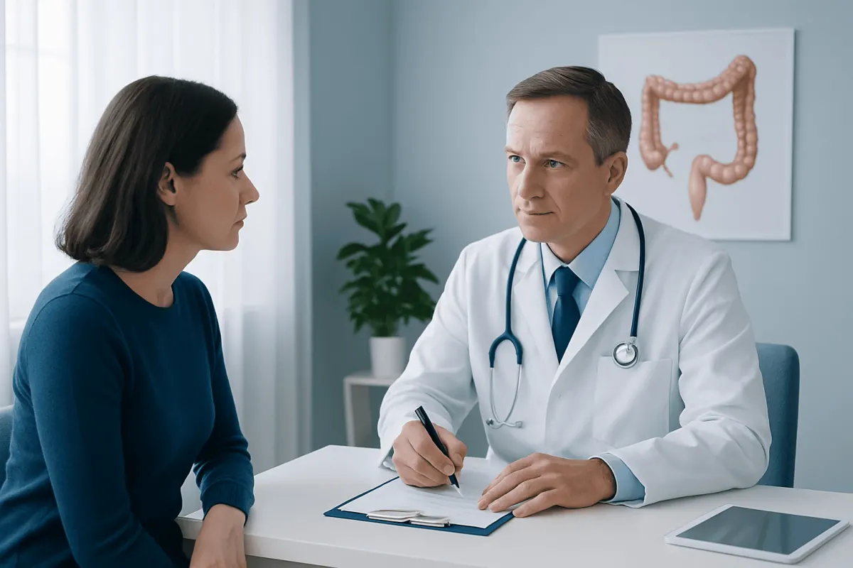 Doctor consulting with a patient about colonoscopy preparation options.
