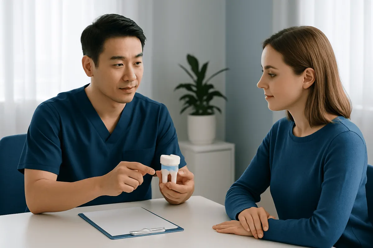 Dentist explaining dental crown options to a patient in a clinic setting.