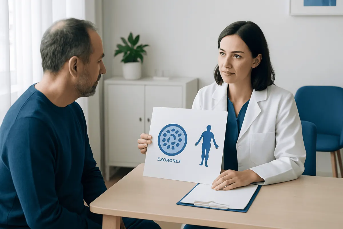 Doctor explains exosomes to patient in a consultation room.