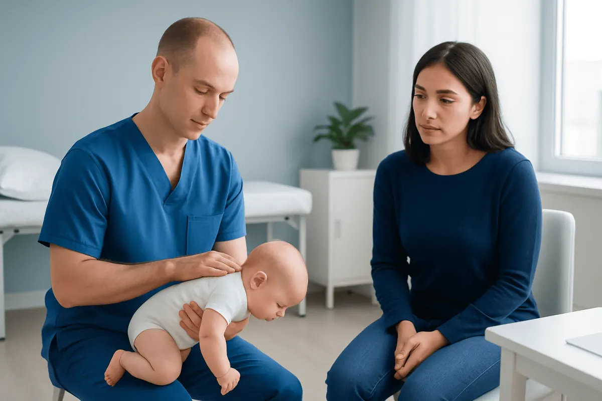 Pediatric emergency care demonstration with a doctor and mother.