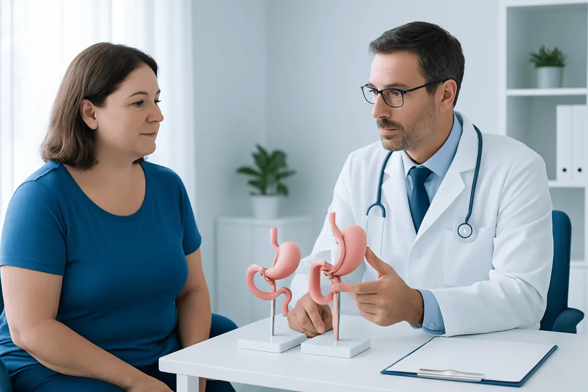 Doctor explaining stomach surgery options to a patient with stomach models.