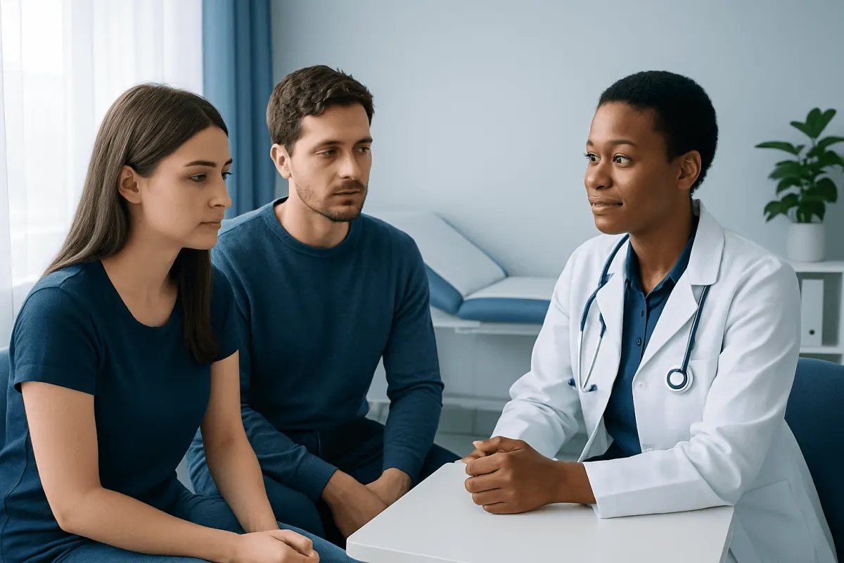 Doctor consulting with young couple about sexual health and protection.