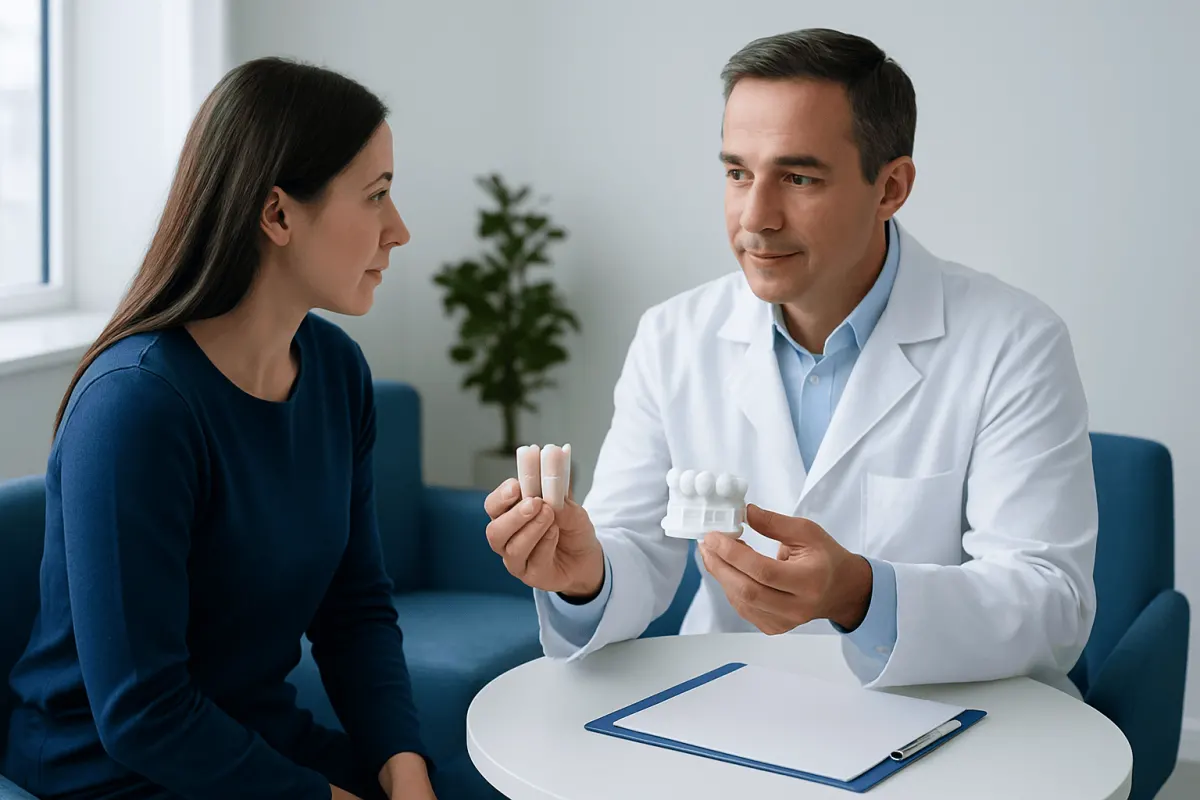 Dentist explaining dental crowns to a patient in a clinic setting.