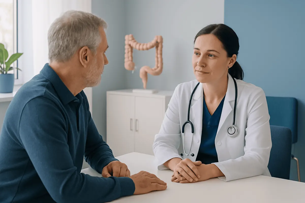Doctor consulting with a patient about colonoscopy preparation.