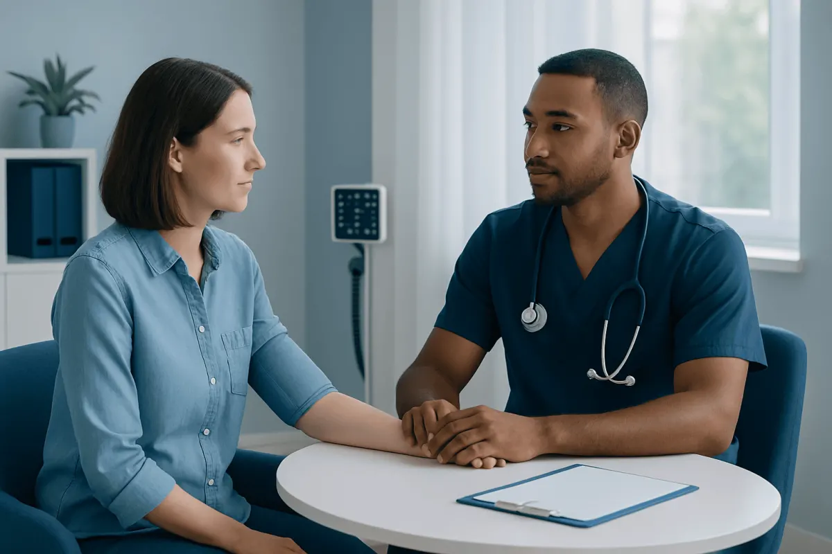 Doctor consulting with a female patient in a medical office setting.