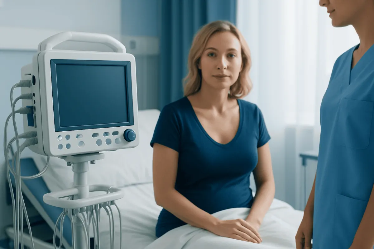 Patient in hospital bed with medical monitor and healthcare professional nearby.