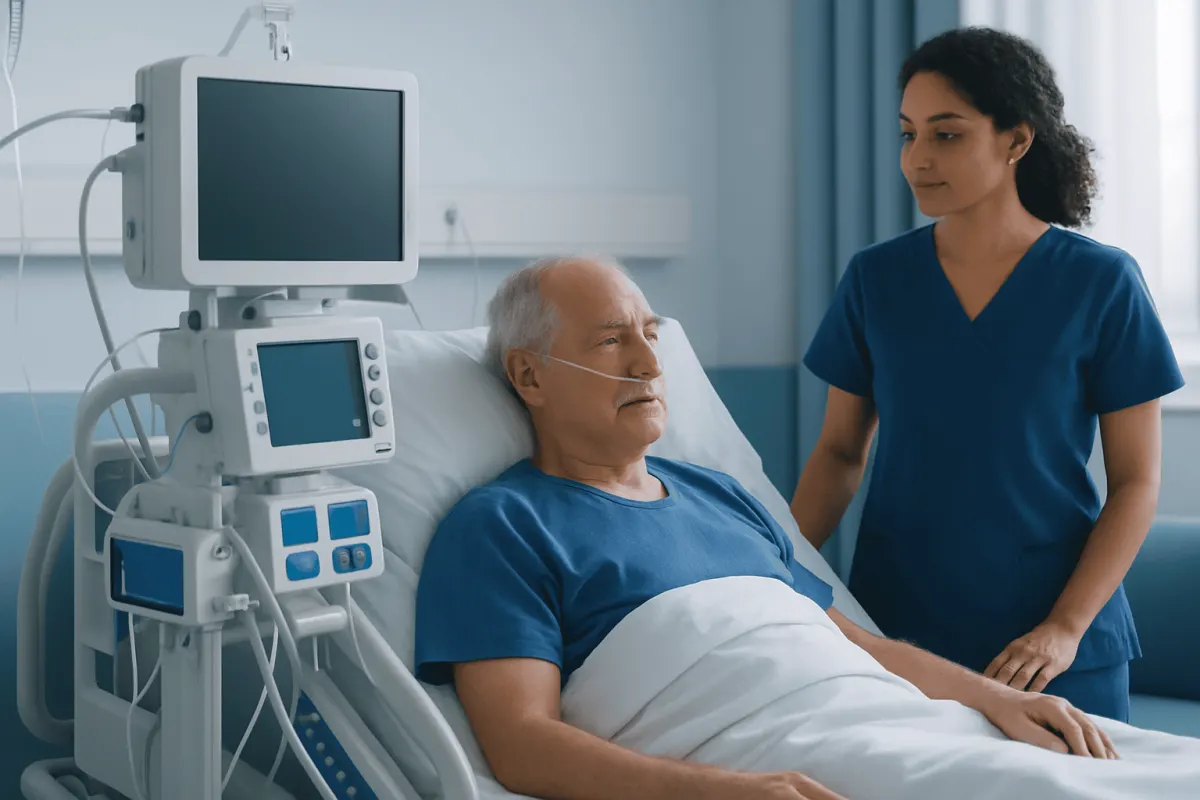 Hospital patient with medical staff after coronary stent procedure.