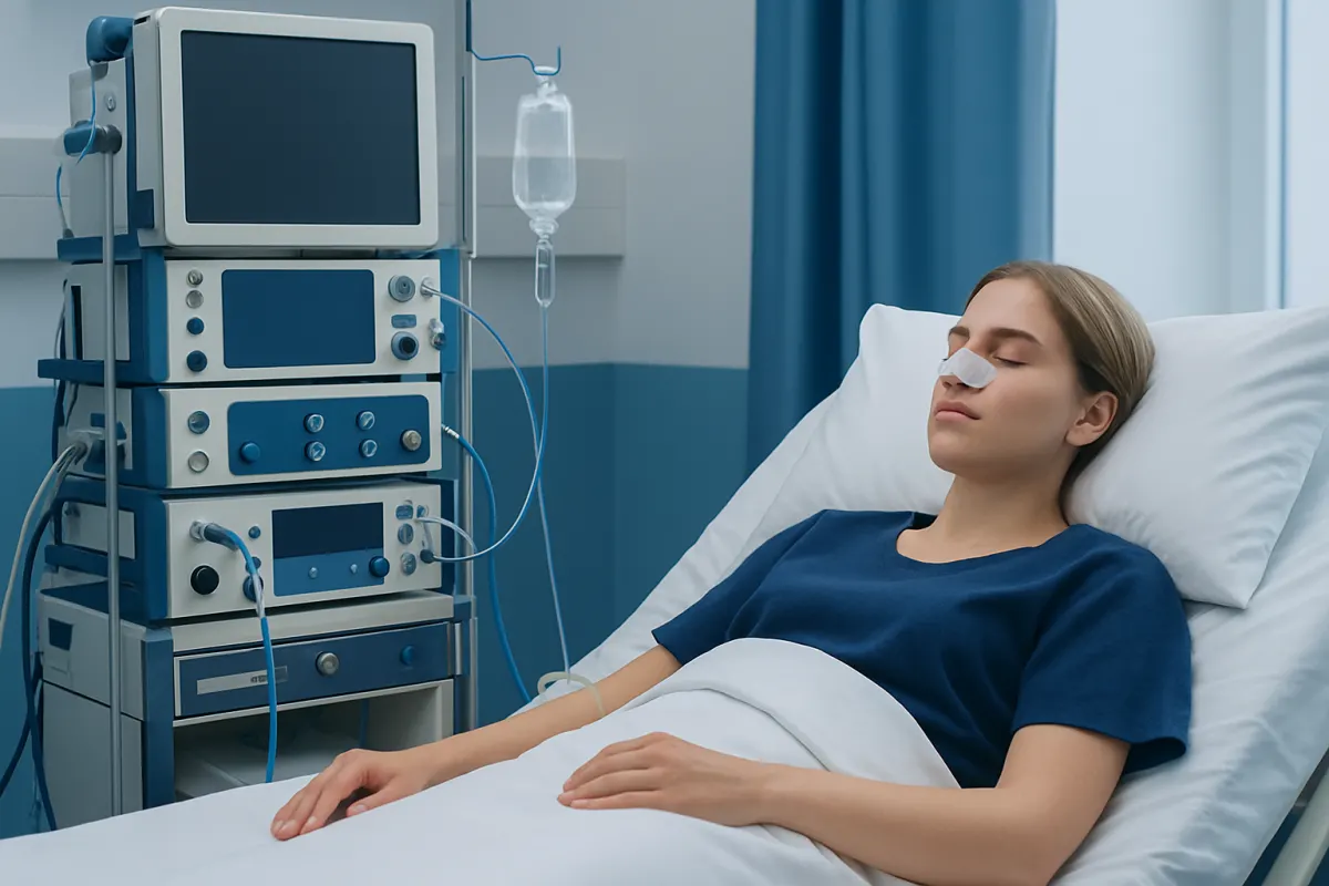 Patient resting in hospital bed after nose surgery with medical equipment nearby.