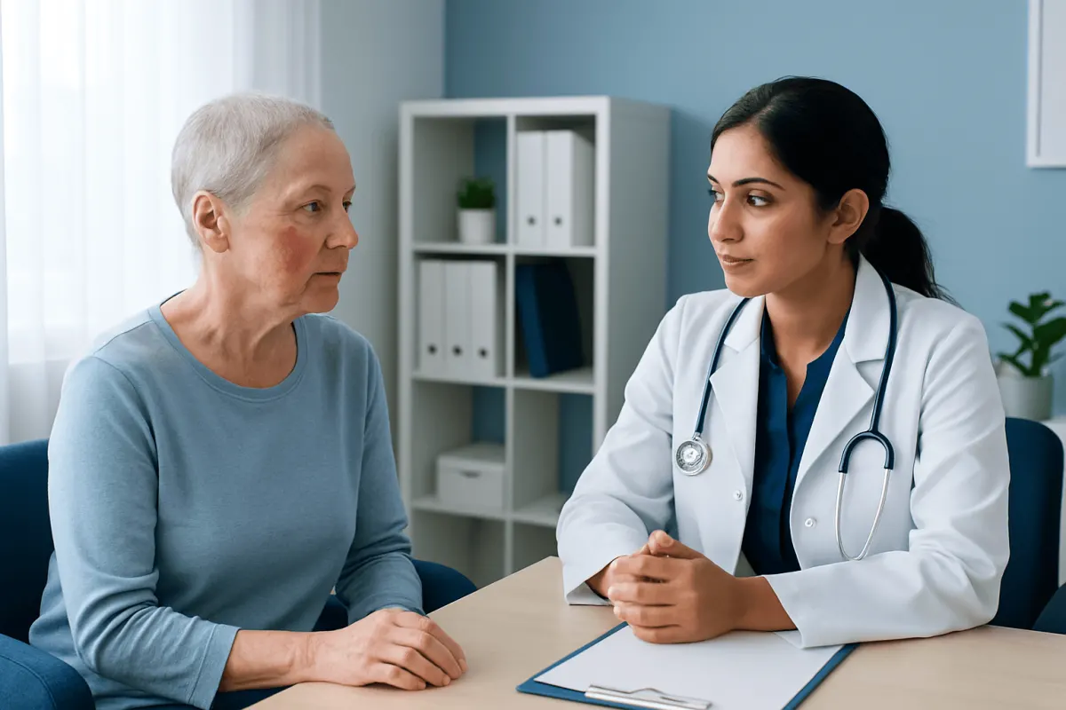 Doctor consulting with elderly patient in a medical office.