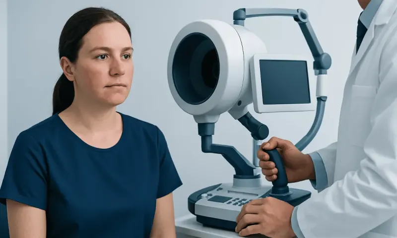 Optometrist performing eye examination with specialized equipment at Acibadem Hospital.