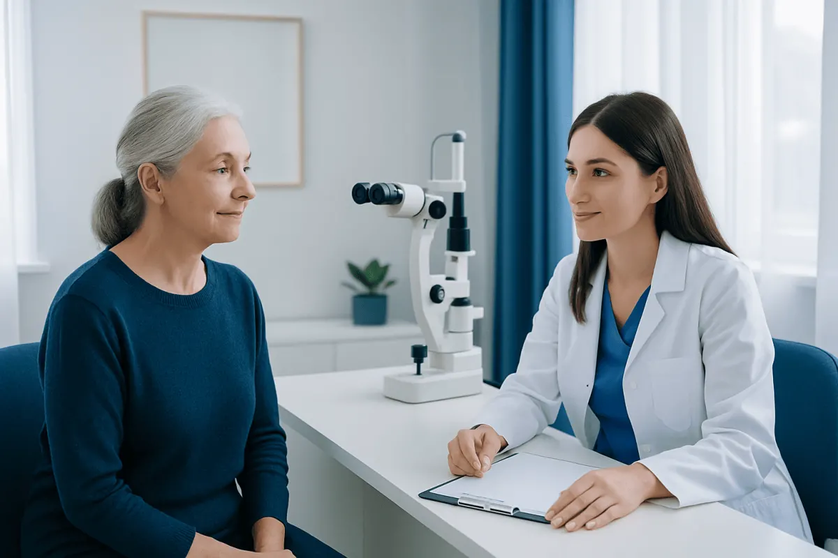Ophthalmologist consulting with an elderly patient in a clinic setting.