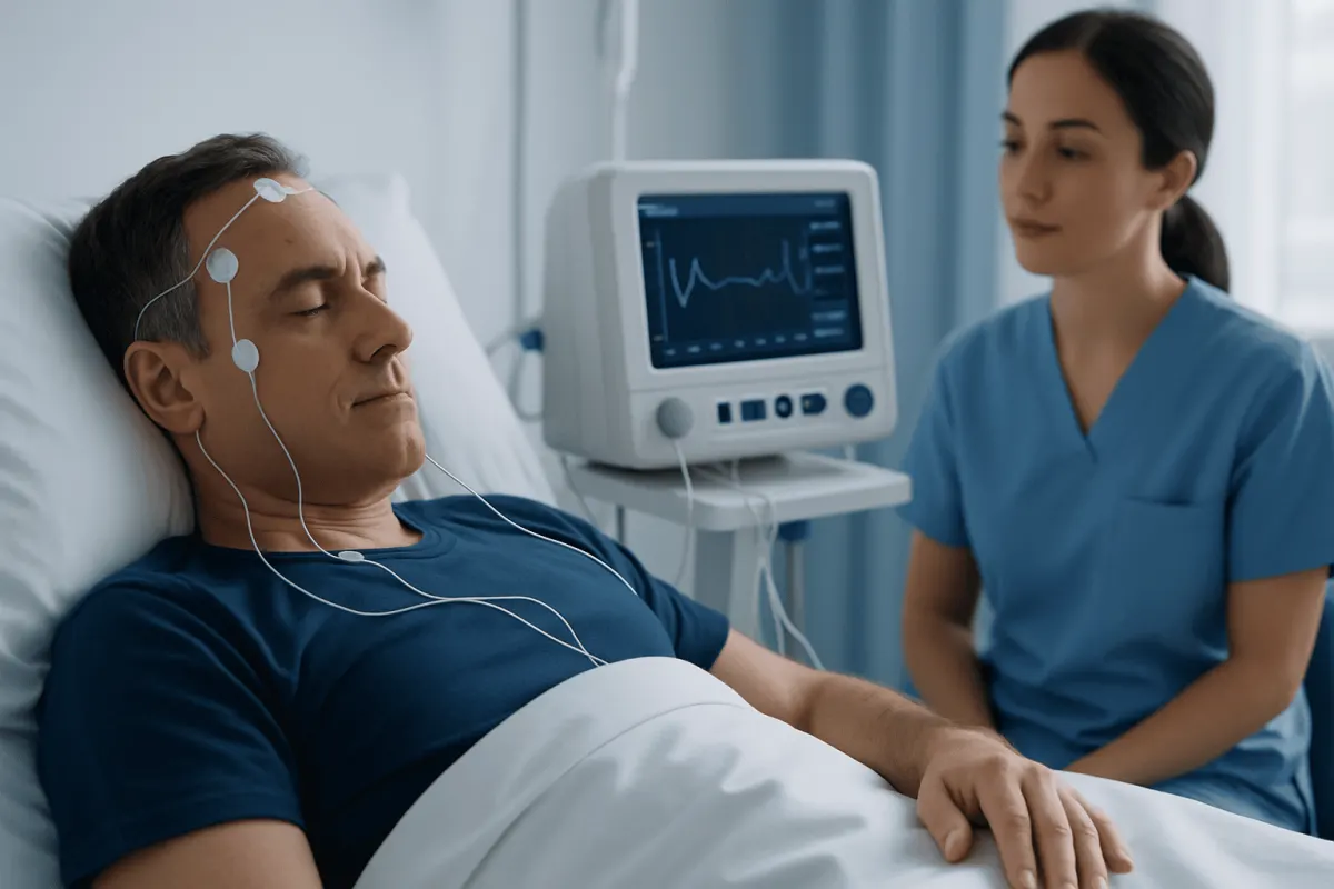 Patient undergoing sleep monitoring in a hospital setting with medical staff present.