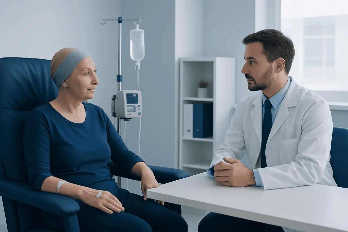 Oncologist consulting a patient undergoing chemotherapy in a hospital room.