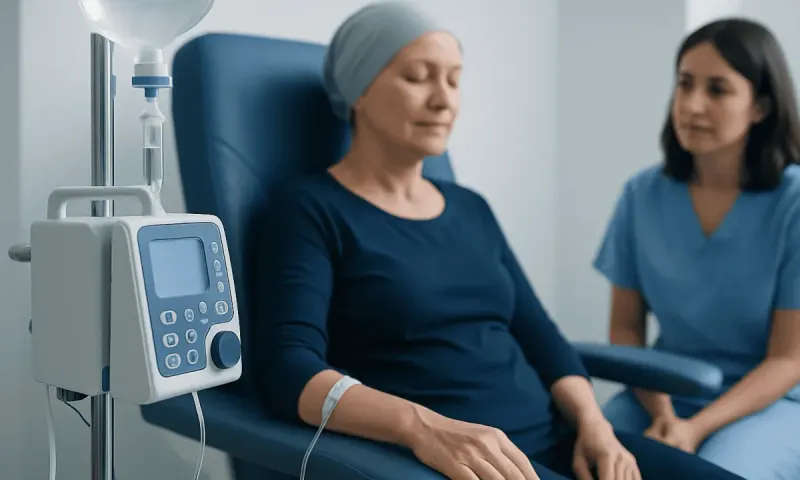 Patient receiving chemotherapy treatment in a hospital setting.