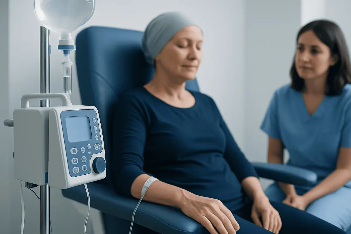 Patient receiving chemotherapy treatment in a hospital setting.