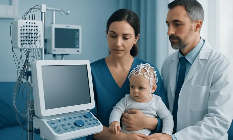 Medical team monitoring a young child with EEG equipment in a hospital.