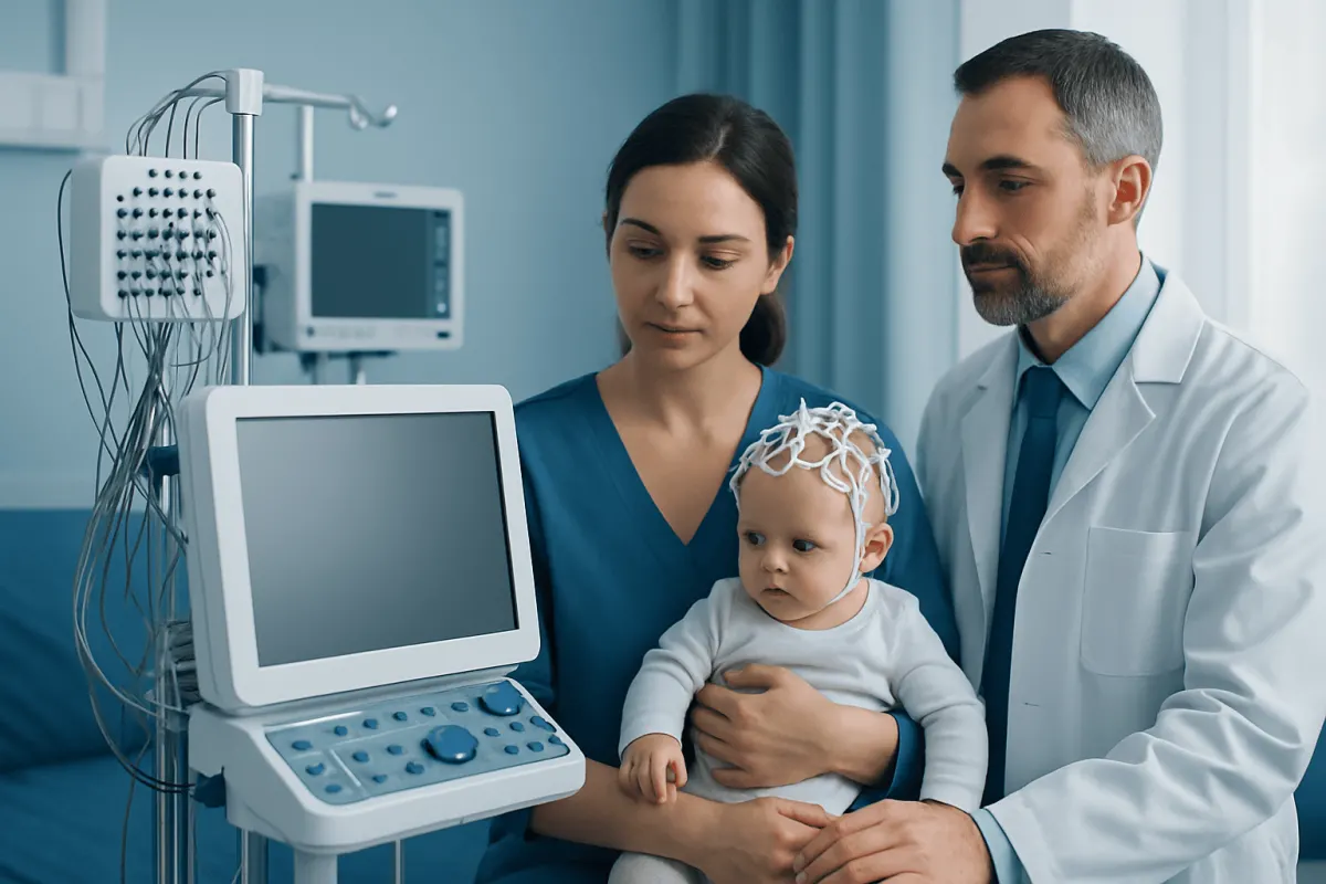 Medical team monitoring a young child with EEG equipment in a hospital.