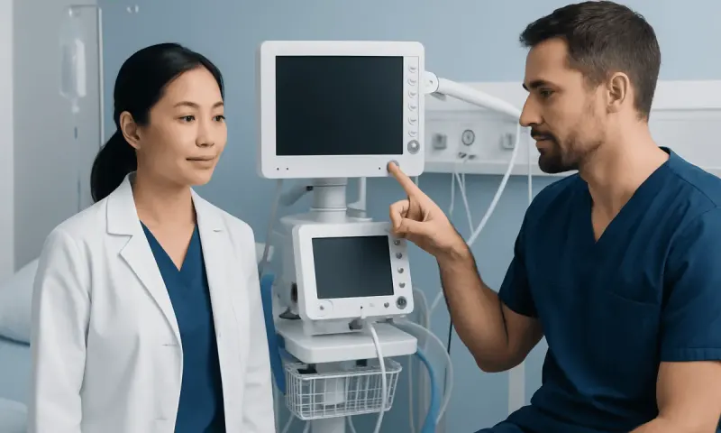 Medical professionals discussing patient care in a hospital room.