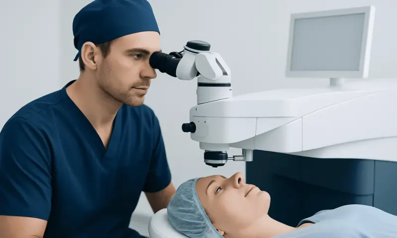 Eye doctor examining patient with advanced ophthalmic equipment.