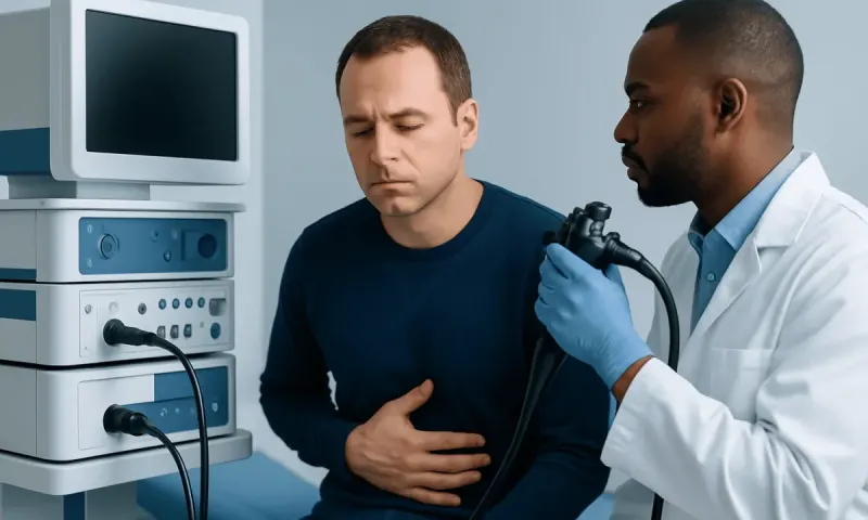 Doctor performs endoscopy on patient with stomach discomfort in hospital setting.
