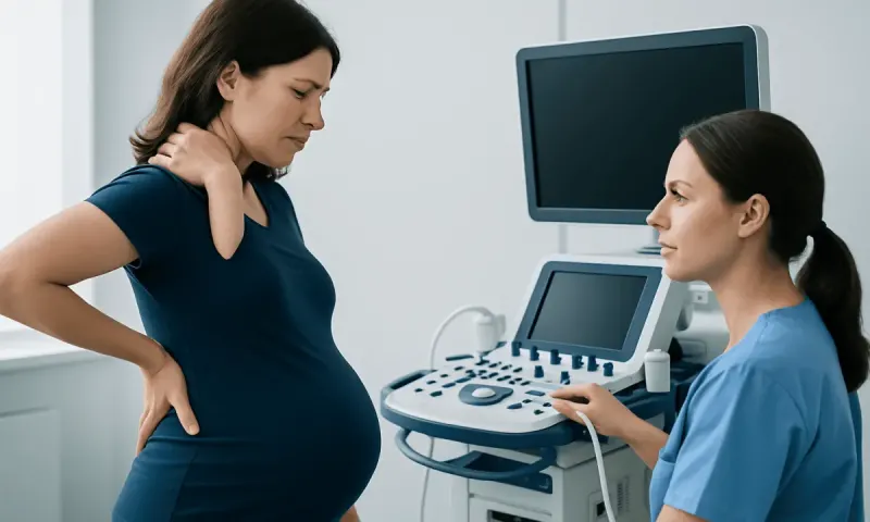 Pregnant woman at ultrasound appointment with healthcare professional.