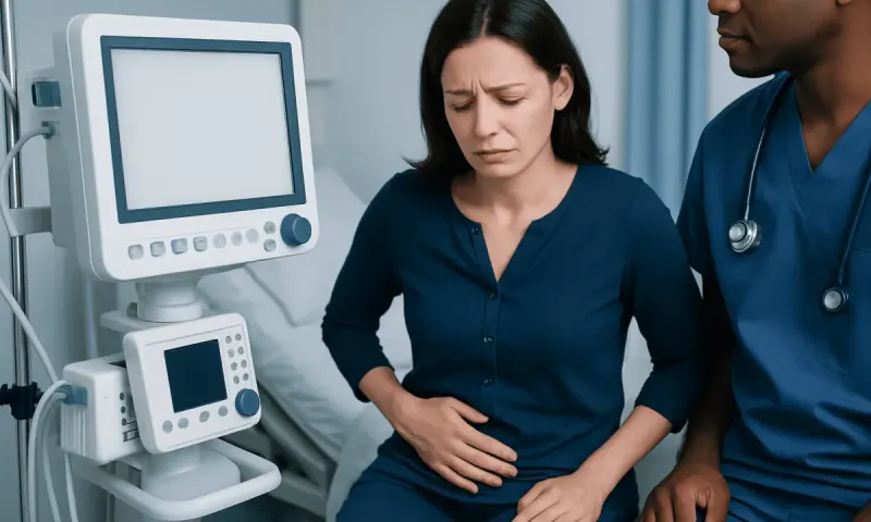Woman experiencing abdominal pain during a medical examination at Acibadem Hospital.