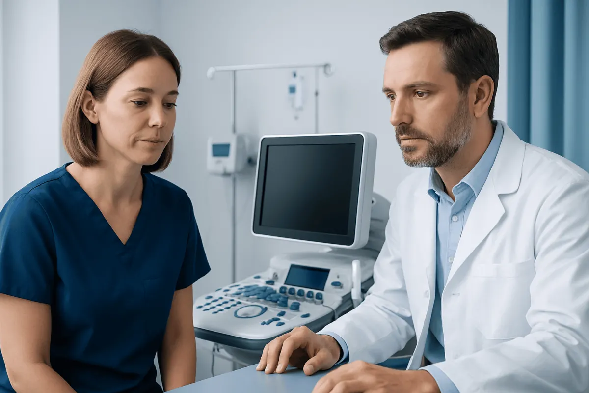 Doctor consulting with a female patient in a hospital room.
