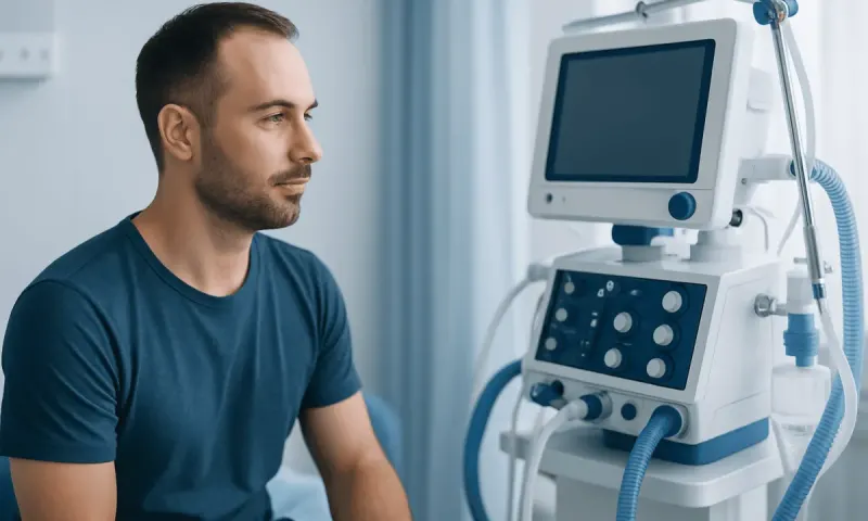 Man undergoing a medical examination with a modern ventilator machine.