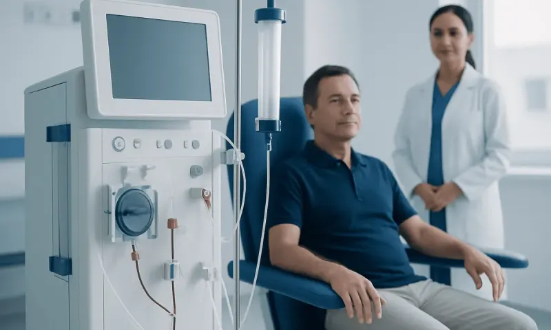Patient undergoing dialysis treatment in a hospital setting.