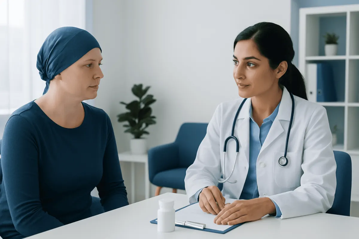 Oncologist consulting a patient during a medical appointment at a hospital.