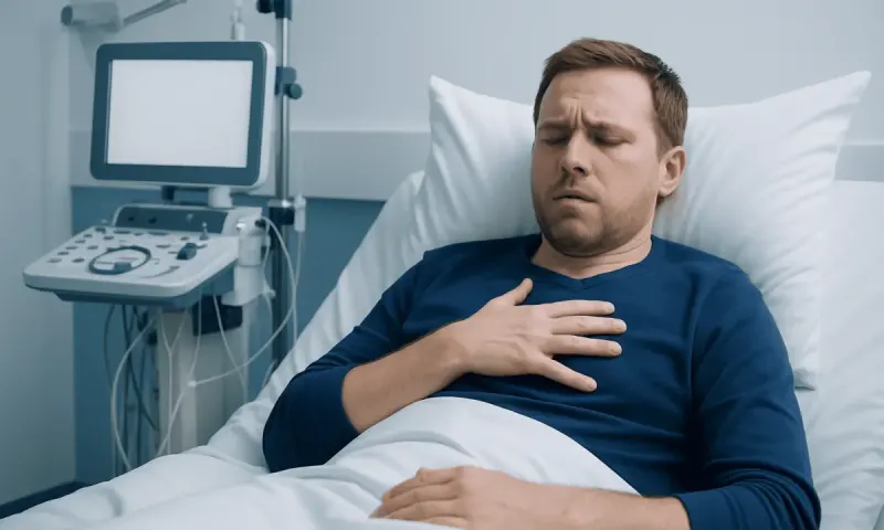 Man experiencing chest discomfort in hospital bed with medical equipment nearby.
