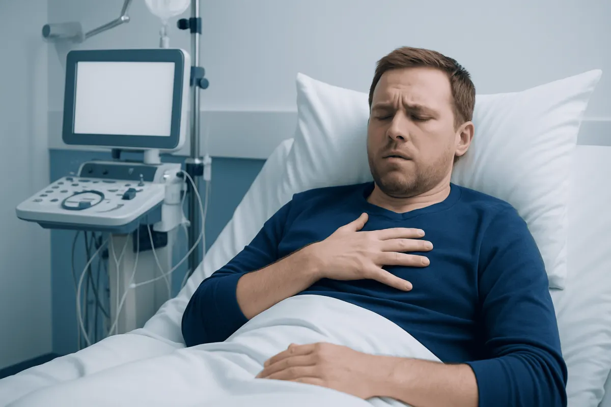 Man experiencing chest discomfort in hospital bed with medical equipment nearby.