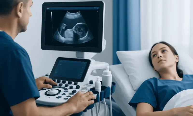 Medical professional performing an ultrasound on a young girl in a hospital bed.