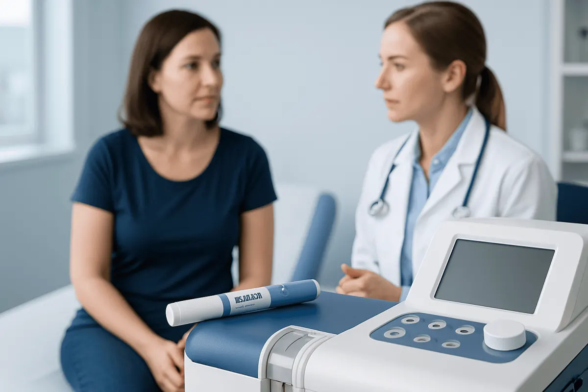 Doctor consulting with patient in medical office with ultrasound device.
