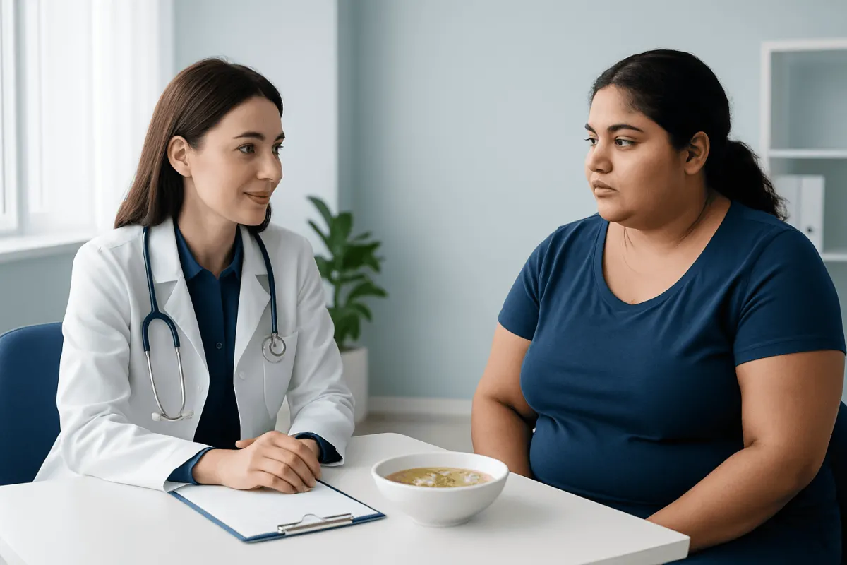Doctor consulting with patient about health in a clinical setting.