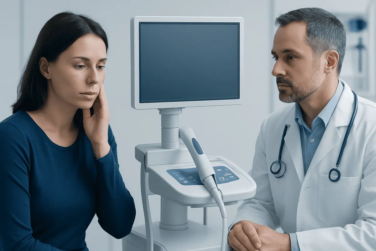 Doctor consulting with a patient in a medical examination room.