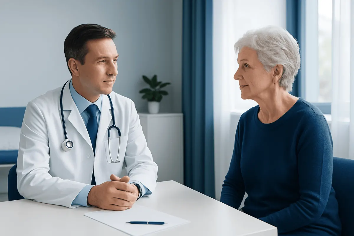 Doctor consulting with elderly patient in a medical office.